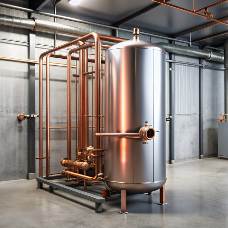 Commercial stainless steel water heater tank with copper pipes and valves installed in a modern industrial facility with concrete floor and grey walls.