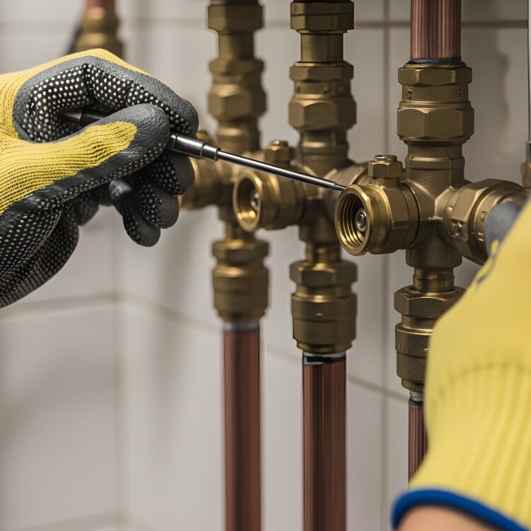 Close-up of plumber fixing brass pipes and valves in a complex residential or commercial plumbing system