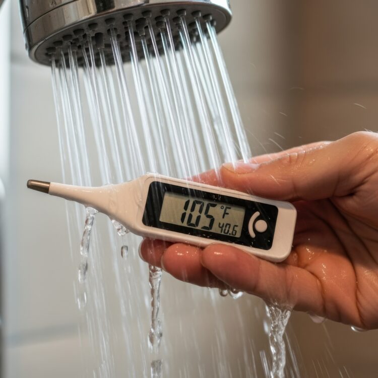 Closeup of water temperature test after new shower mixing valve installation with running water from showerhead.