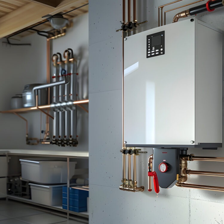 modern tankless water heater installed in a basement, the unit is connected to copper pipes and is mounted on a wall in a clean, organized utility room. Tsleek design and functionality